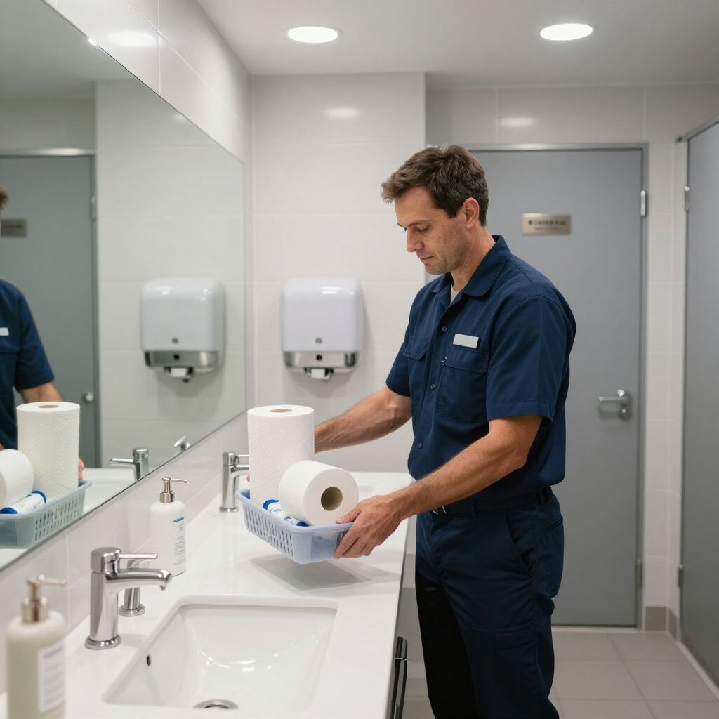 Man in a blue uniform refills paper towels in a public restroom.