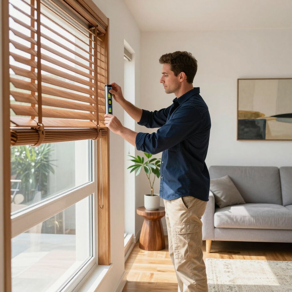 Man measures blinds in a living room, holding a level. Wooden blinds, window frame, and neutral decor.