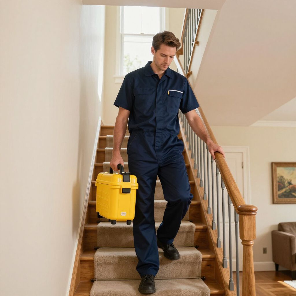 Man in blue jumpsuit carries yellow case down carpeted stairs, holding the railing.