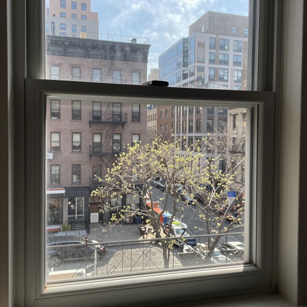 View from a window of a city street with buildings and a tree with budding leaves.