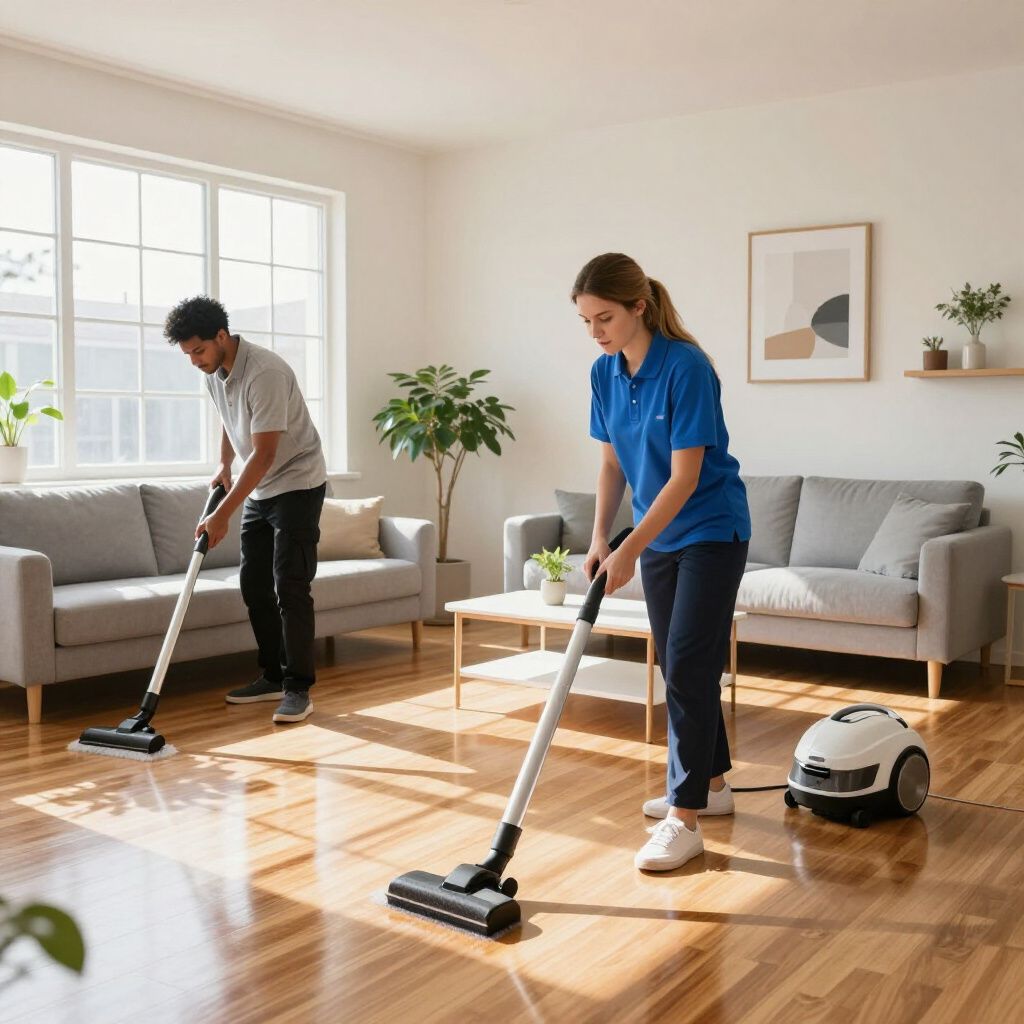 Two people vacuuming a living room with couches, coffee table, and large windows.