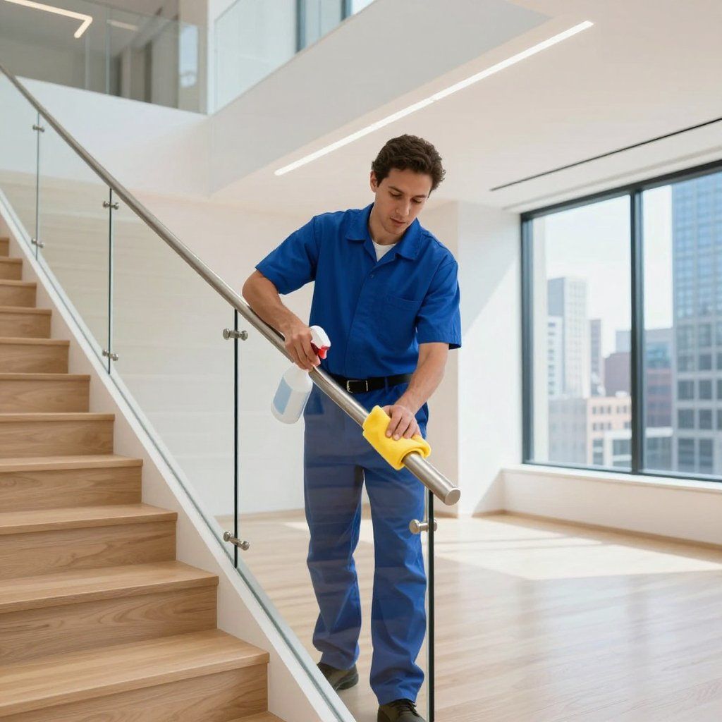 Man cleaning a metal handrail on wooden stairs in a modern office space.