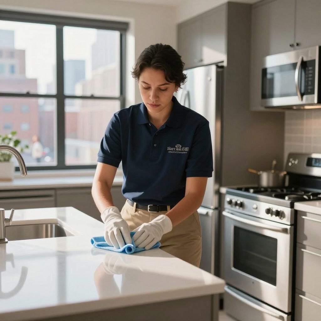 Person in gloves cleaning a kitchen countertop with a blue cloth.