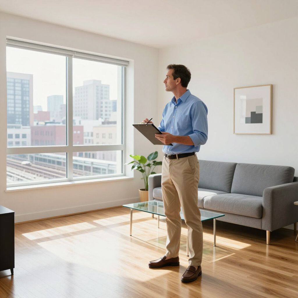 Man inspecting apartment, holding clipboard. Sunny room, city view.