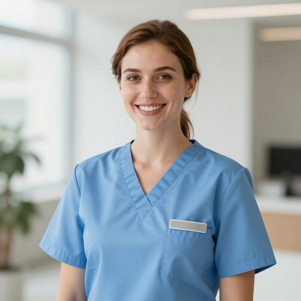 Woman in blue medical scrubs smiling in a hospital setting.
