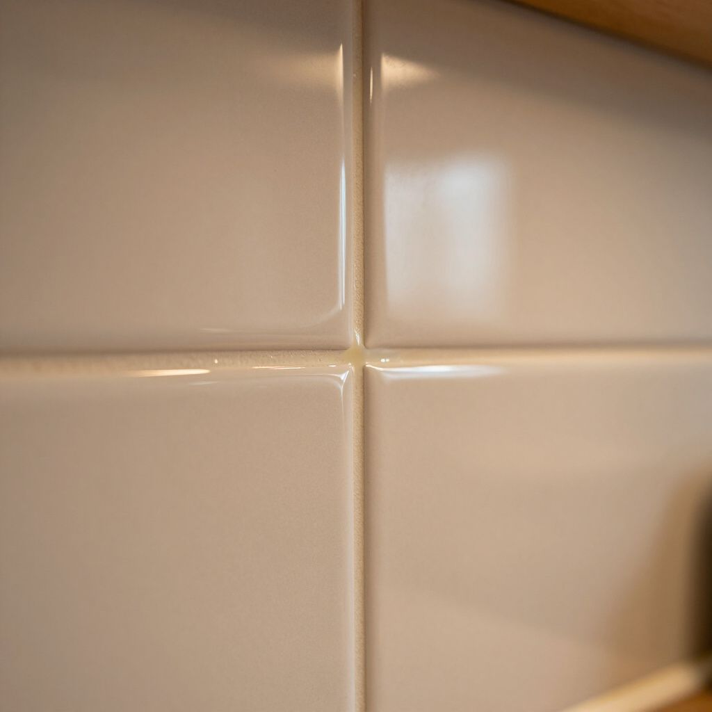 Close-up of four white, glossy square tiles with light-colored grout lines; a kitchen backsplash.