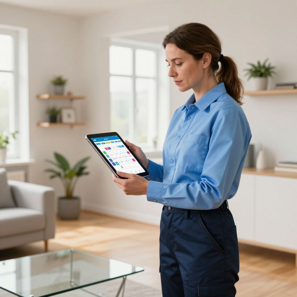 Woman in blue shirt and pants looks at a tablet screen in a living room.