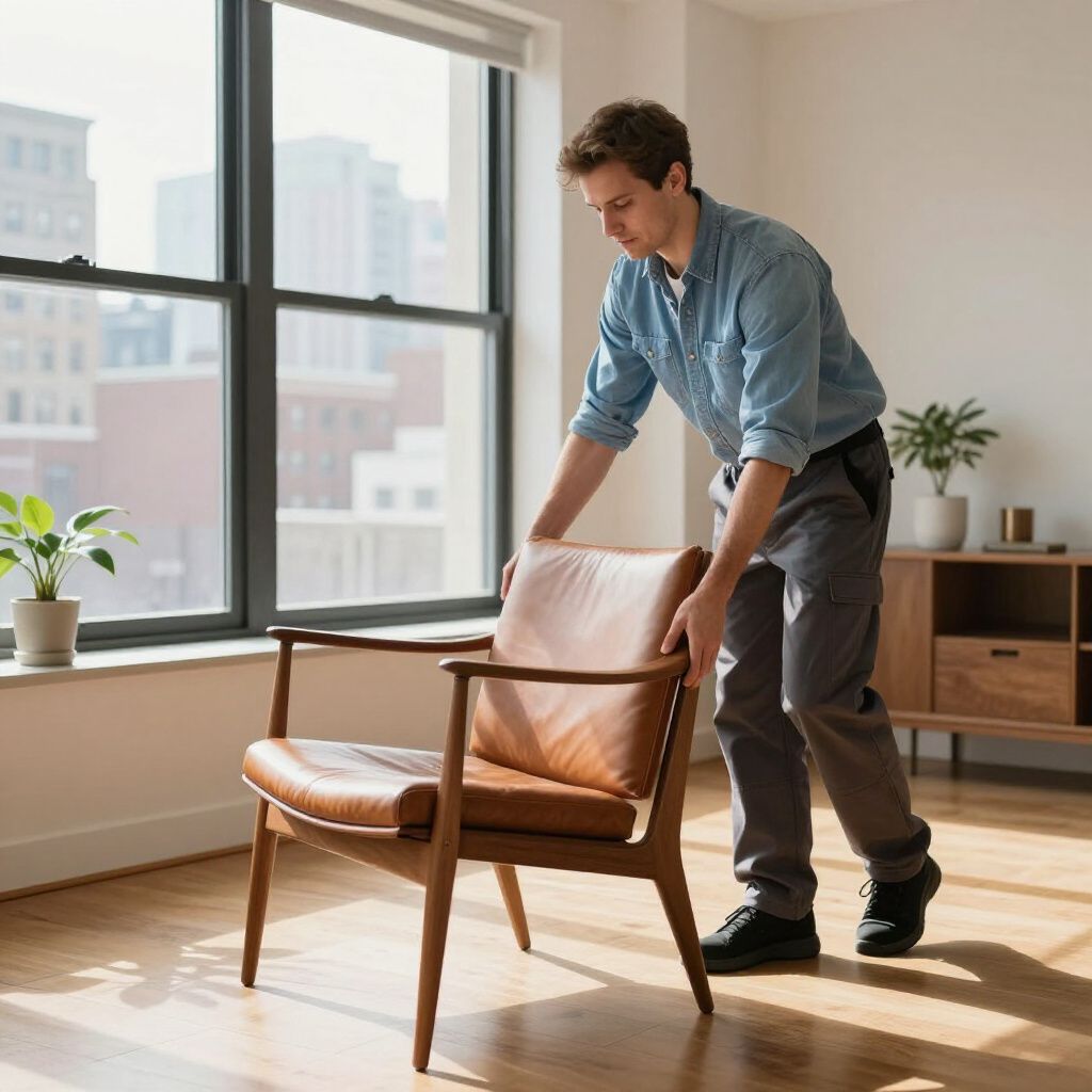 Man moves wooden chair in a sunlit room, near a window.