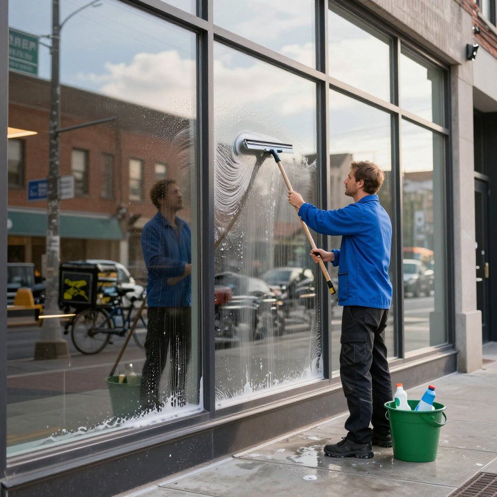 Person washing a storefront window with a squeegee, soapy water, and a bucket. Street background.