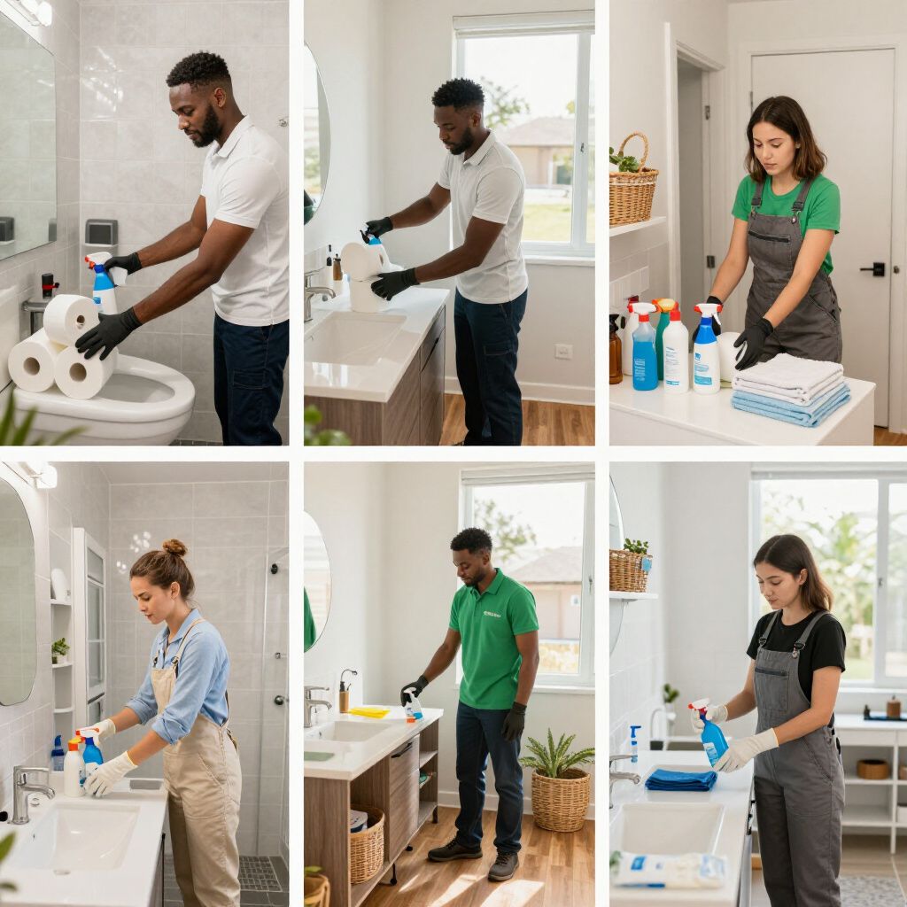 Six people cleaning bathrooms with supplies.