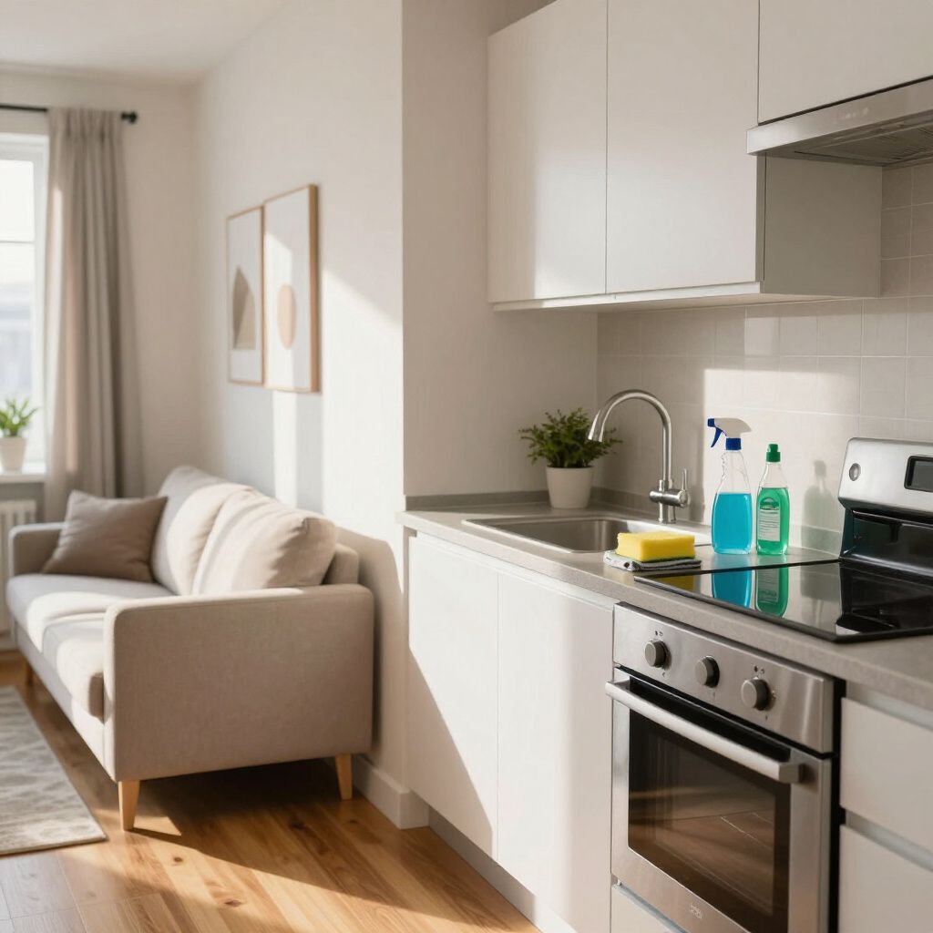 Small, modern kitchen and living room. White cabinets, stainless steel appliances, sofa, window with sunlight.