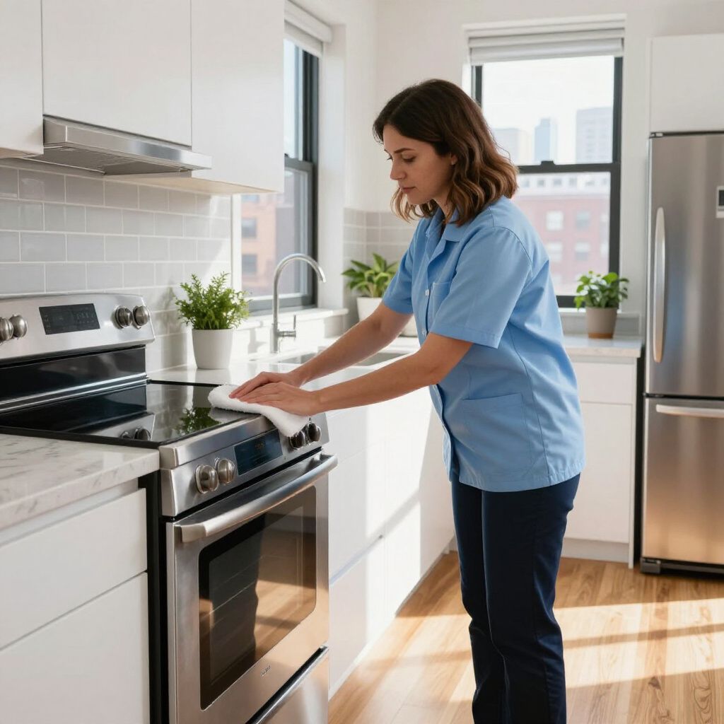 Woman in blue shirt cleaning a stainless steel stove in a modern kitchen.