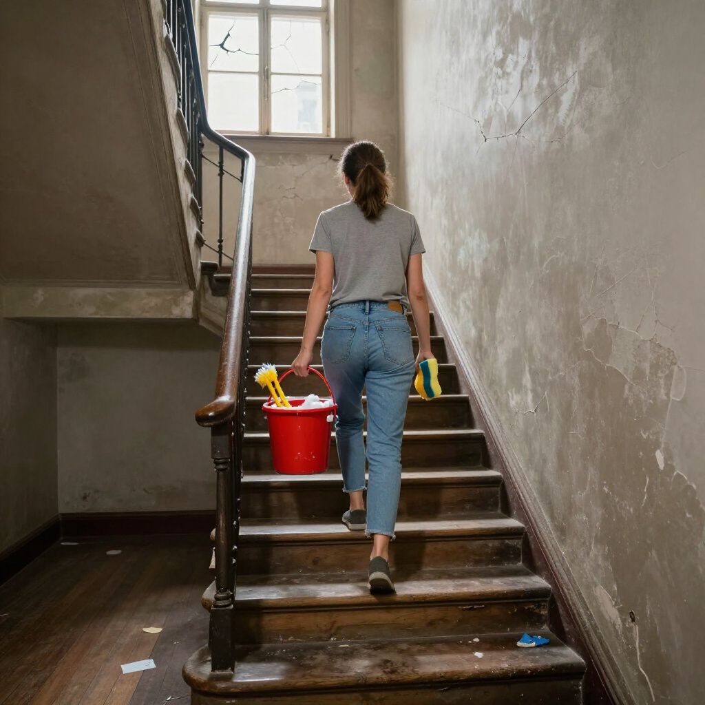 Woman in jeans and a gray shirt climbs a wooden staircase carrying a red bucket with cleaning supplies.