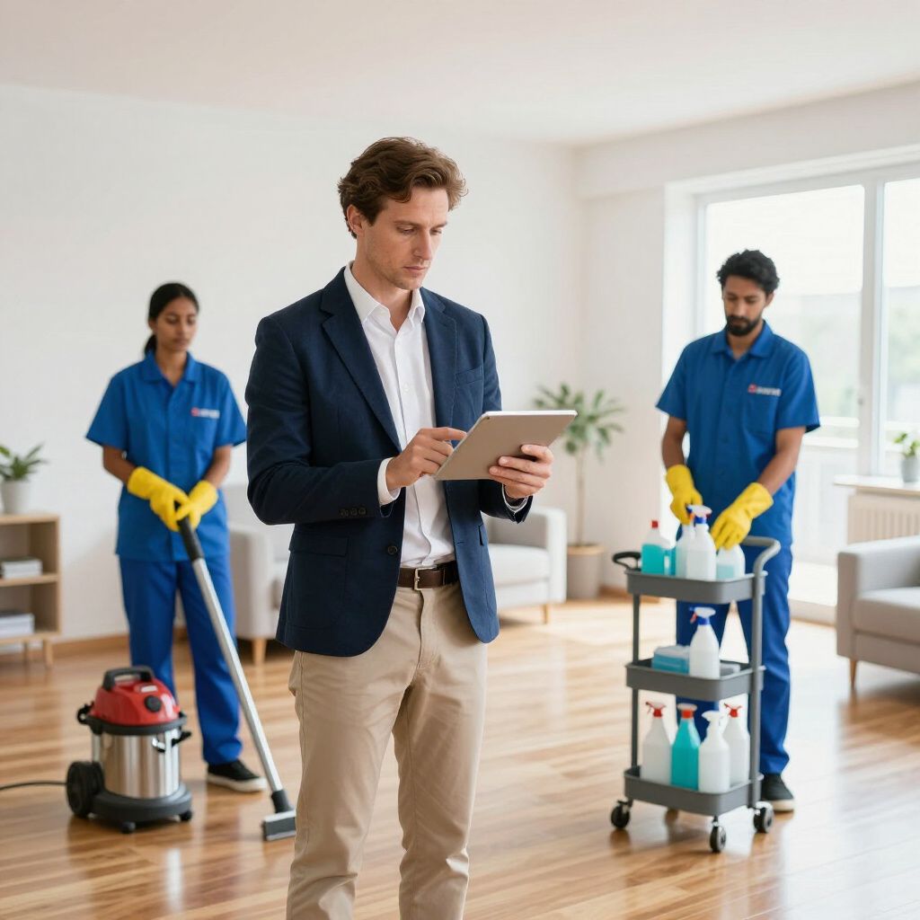 Man in suit reviews tablet, two cleaners in blue uniforms with cleaning supplies in an apartment.