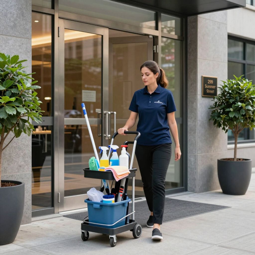 Woman in blue shirt pulls a cleaning cart outside a building with glass doors and potted plants.