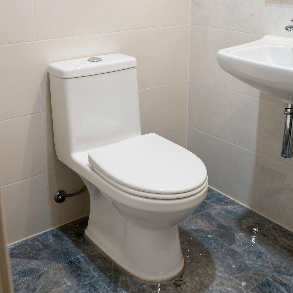 White toilet in a bathroom with a white sink and blue-grey tiled floor.