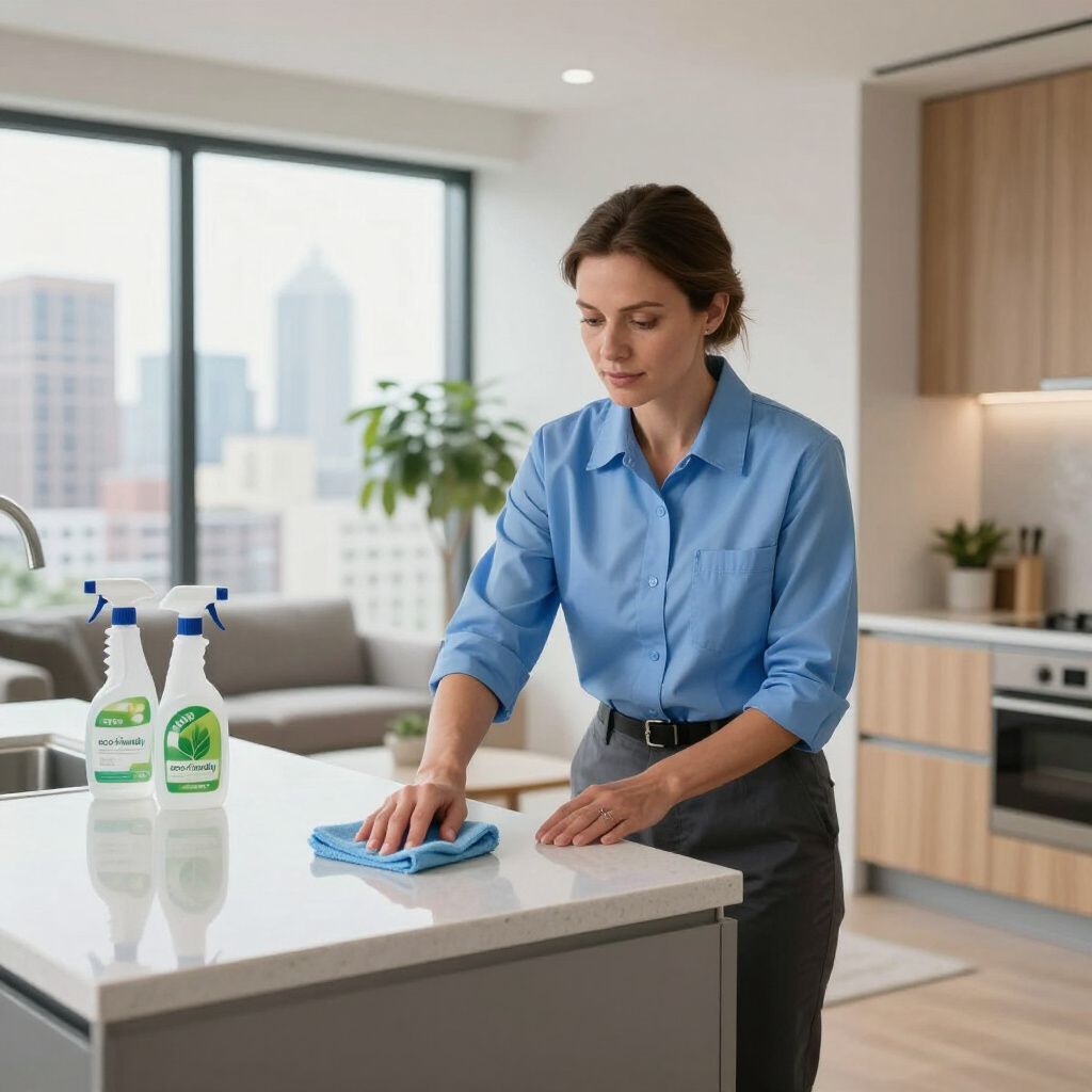 Woman cleaning a kitchen countertop with spray bottles nearby.