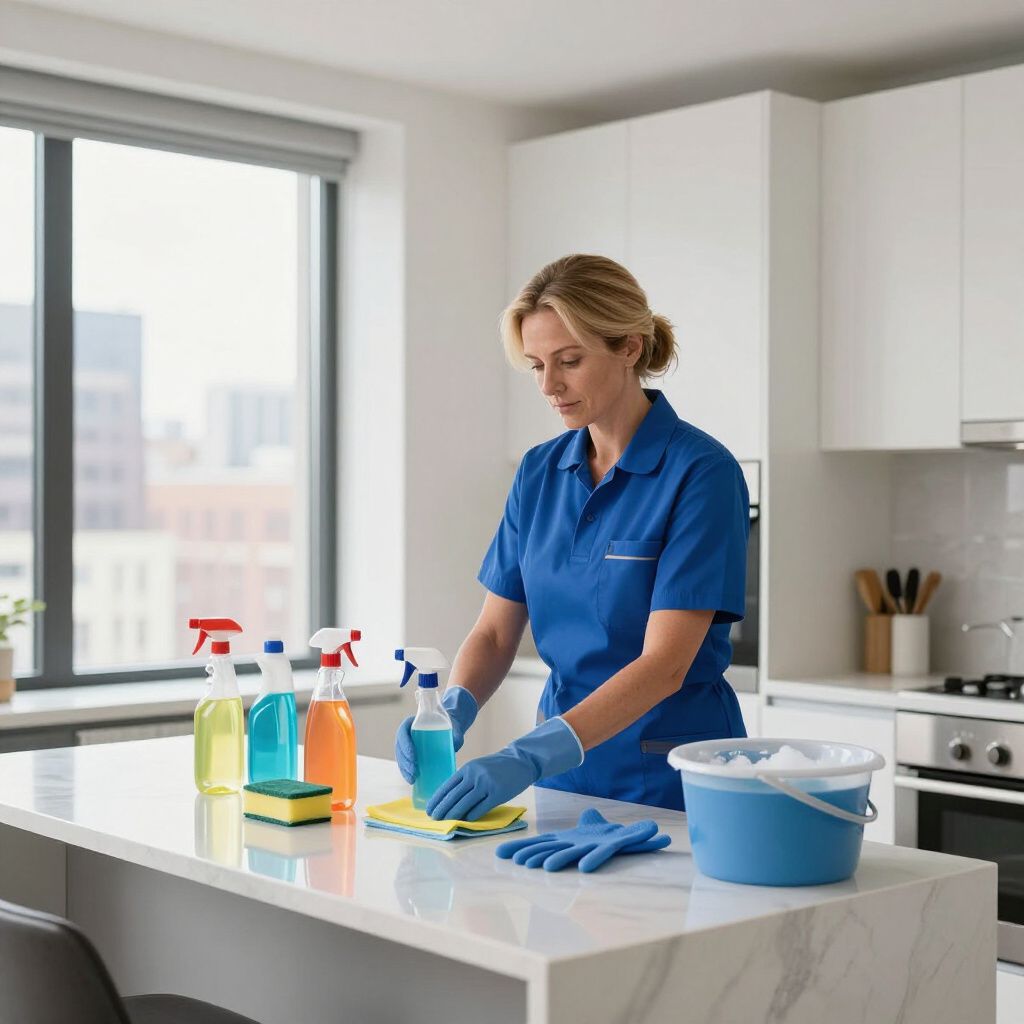 Woman in blue uniform cleaning a kitchen counter. Cleaning supplies on counter: spray bottles, sponge, bucket, gloves.