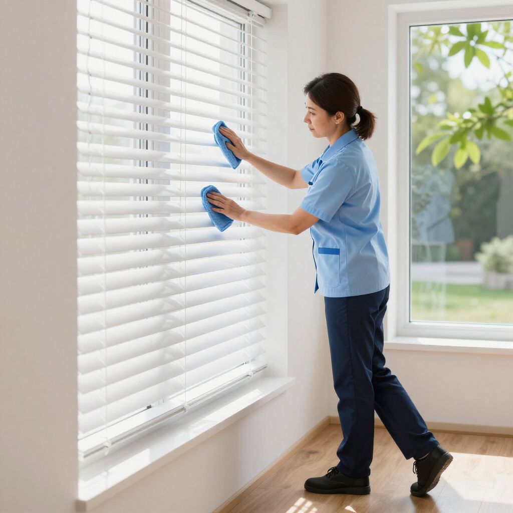 Woman cleaning blinds with blue cloths near a window.