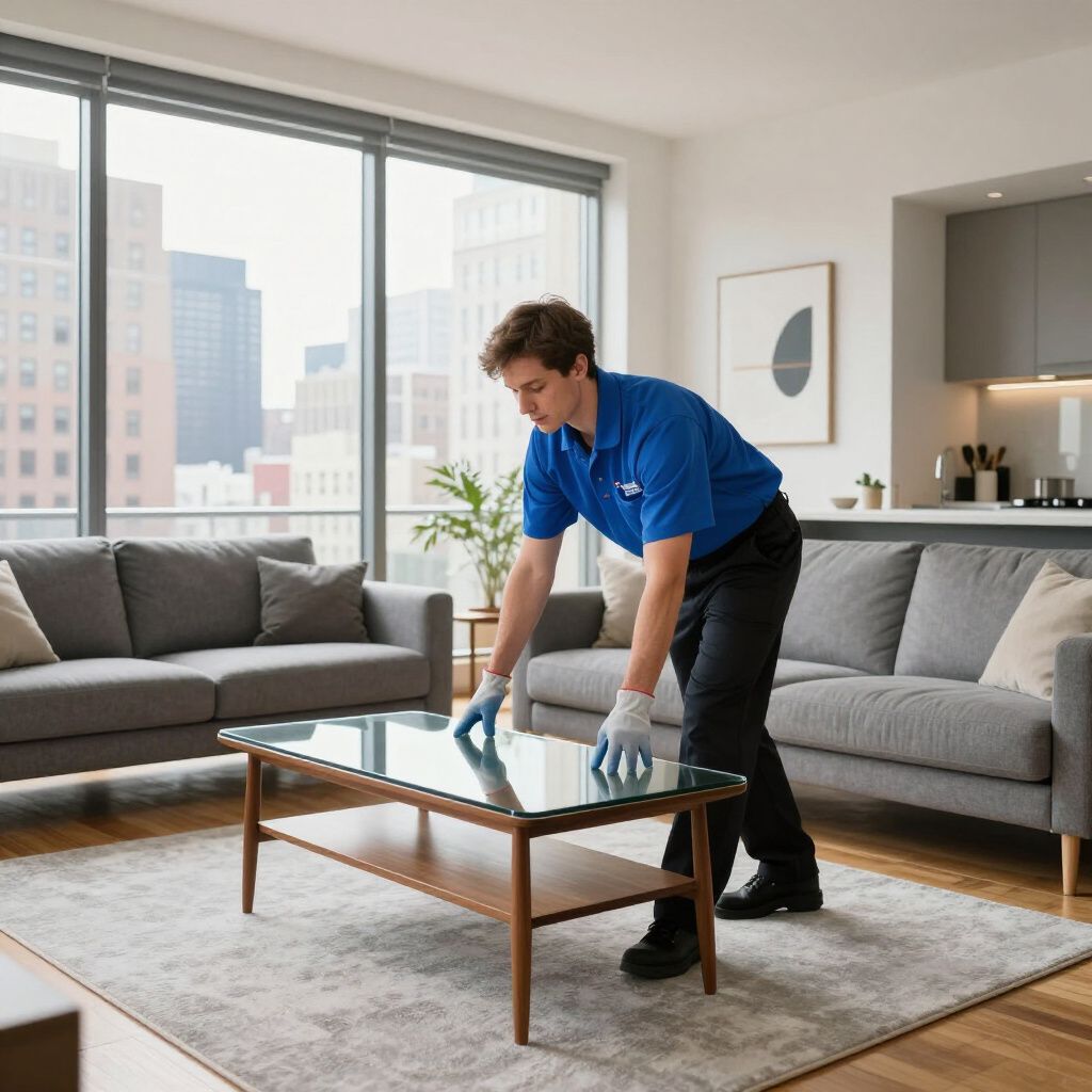 A person in a blue shirt and gloves cleans a glass coffee table in a modern living room.