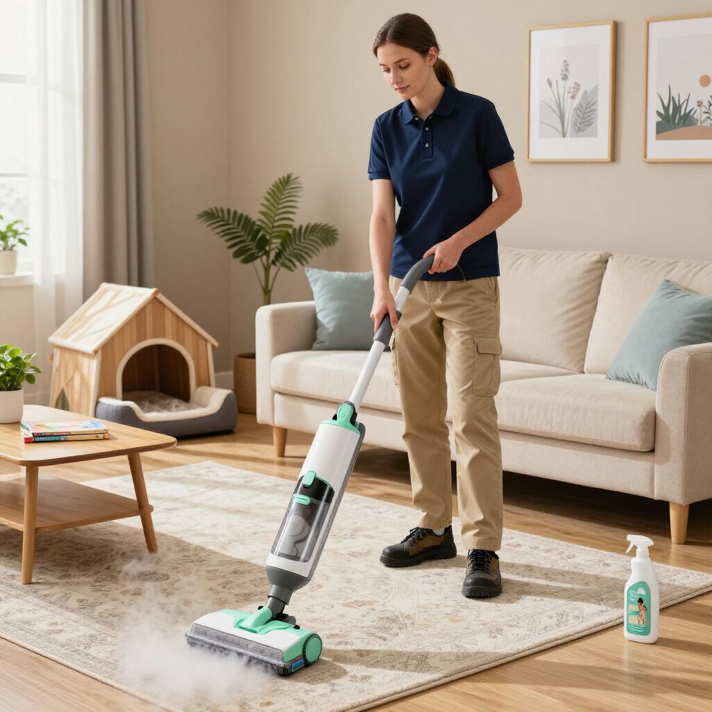 Woman using a steam mop on a rug in a living room.