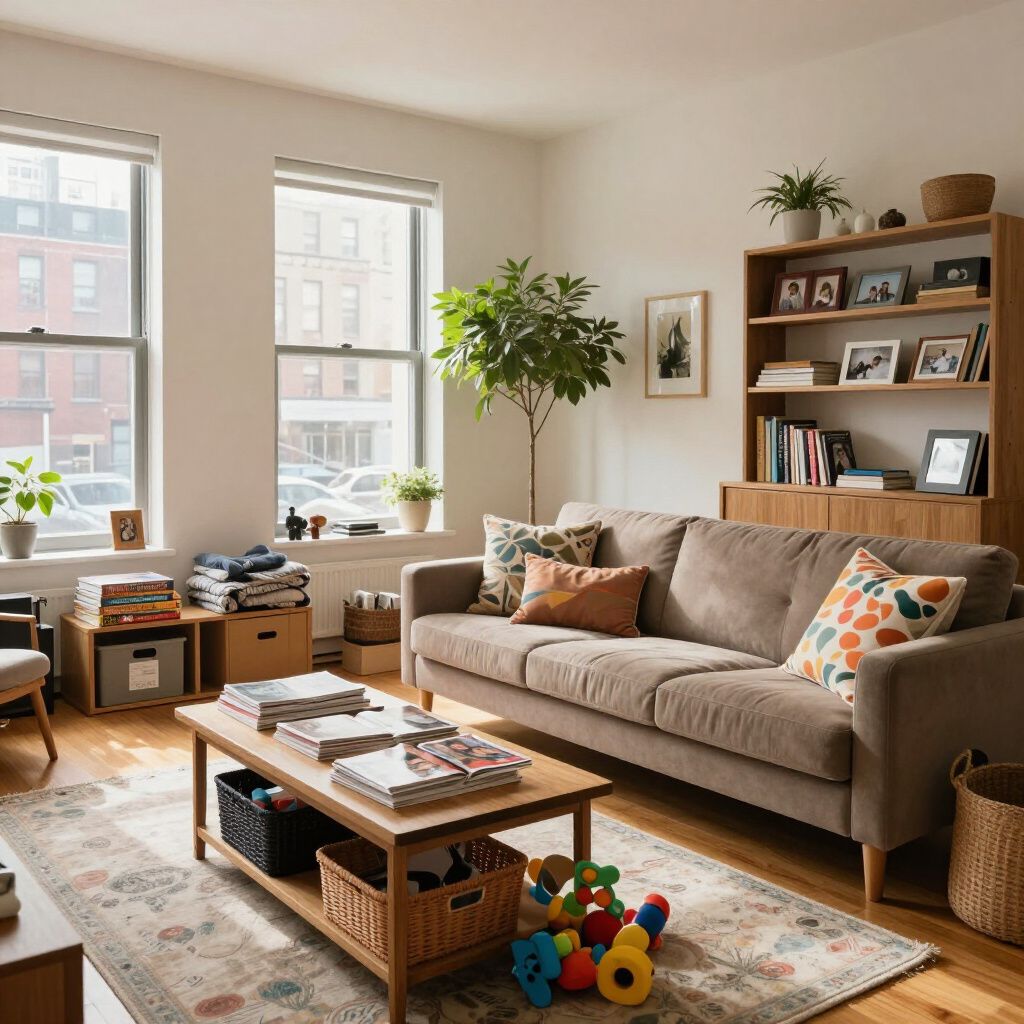 Living room with a tan couch, wooden furniture, plants, and a rug. Sunlight streams through windows.