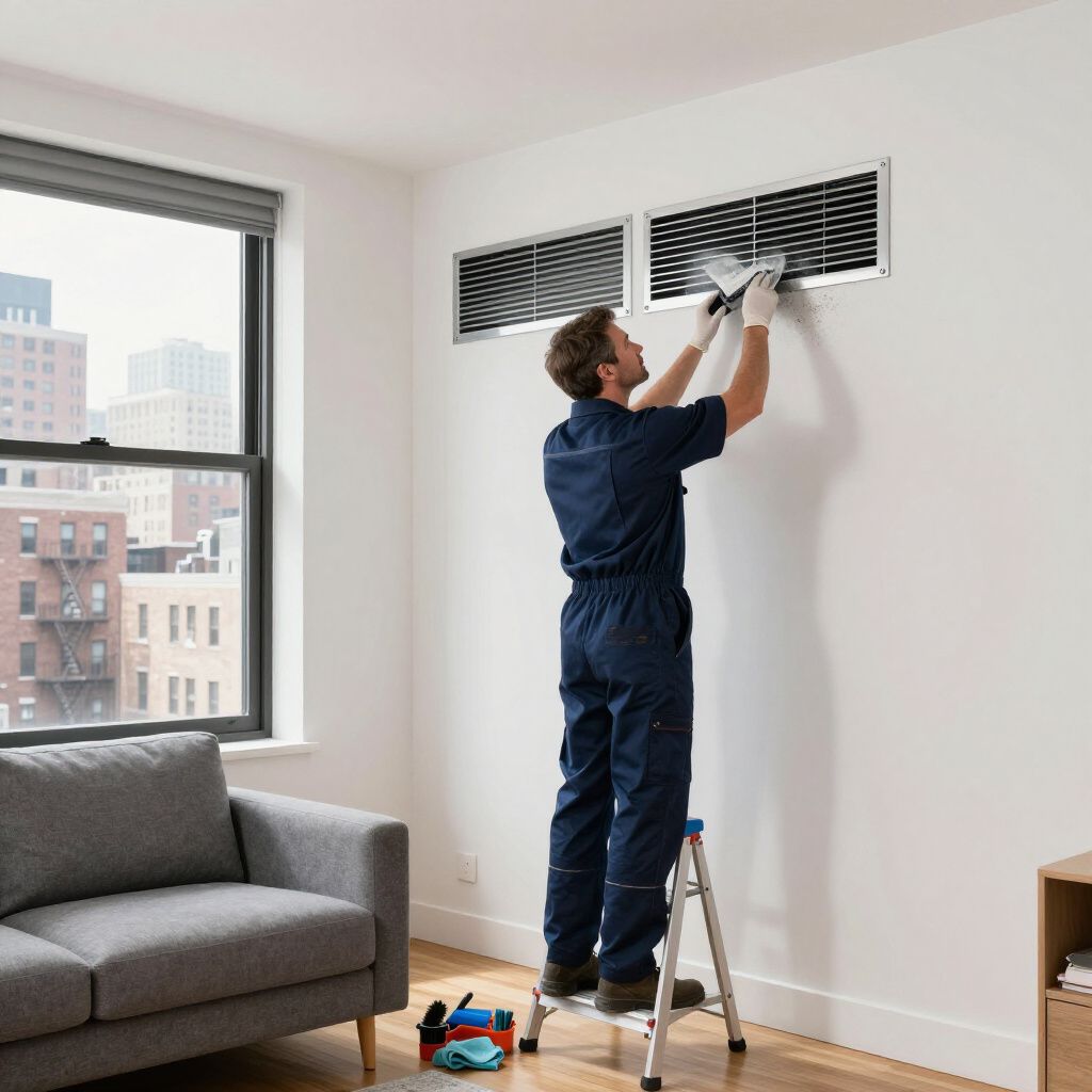 Man in blue work suit cleaning air vents on a white wall, standing on a ladder. Living room setting.