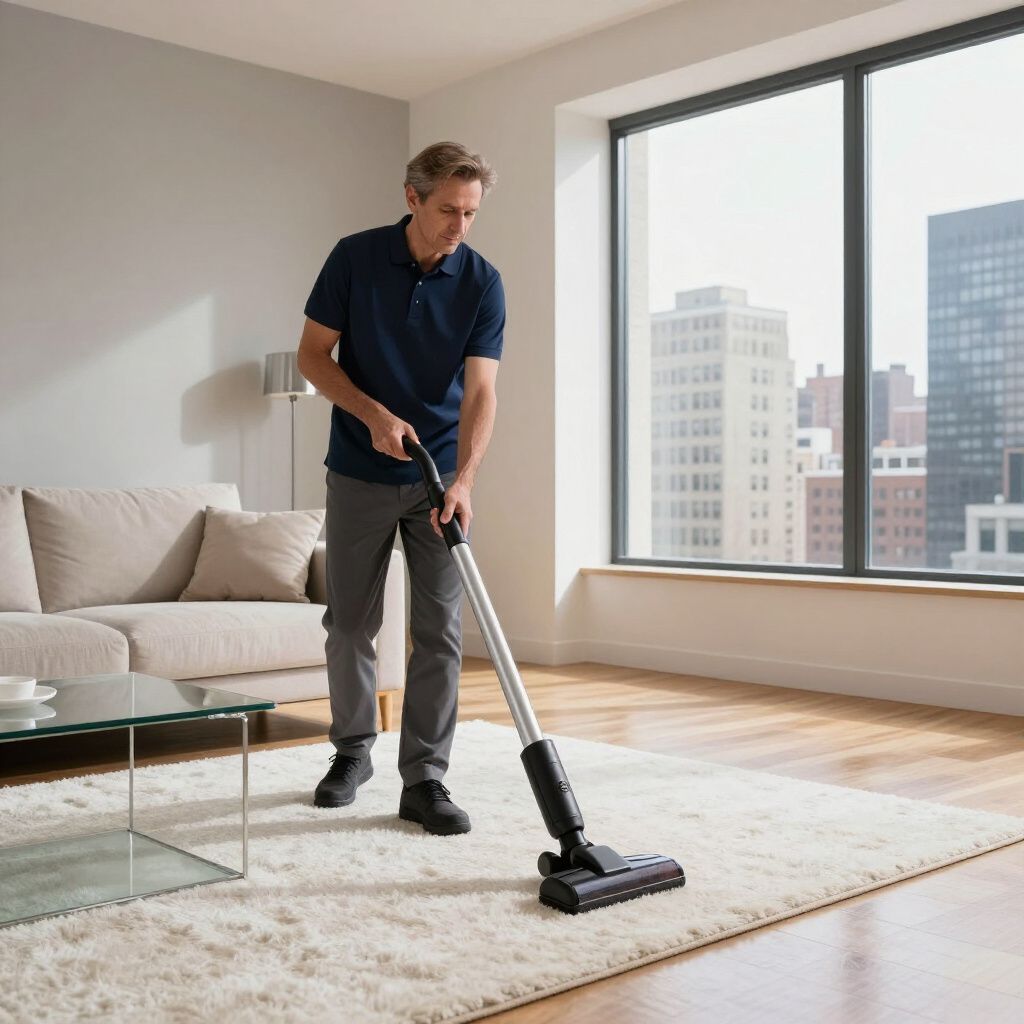 Man vacuuming a light-colored rug in a living room with a cityscape view.