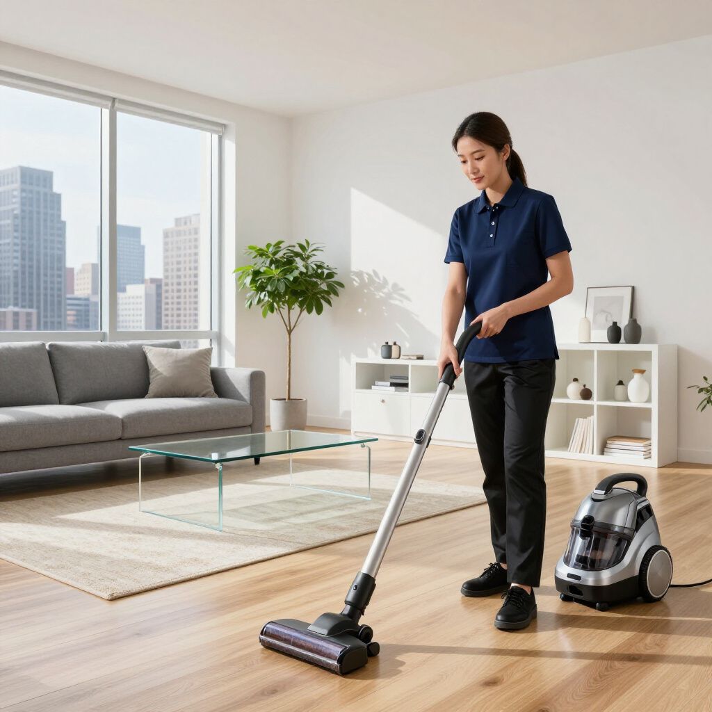 Woman vacuuming a hardwood floor in a modern apartment, standing near a window overlooking city buildings.