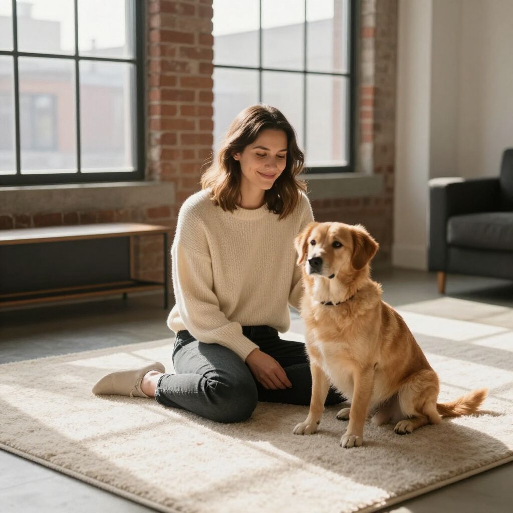 Woman kneels, petting a golden retriever in a sunlit room with brick walls.
