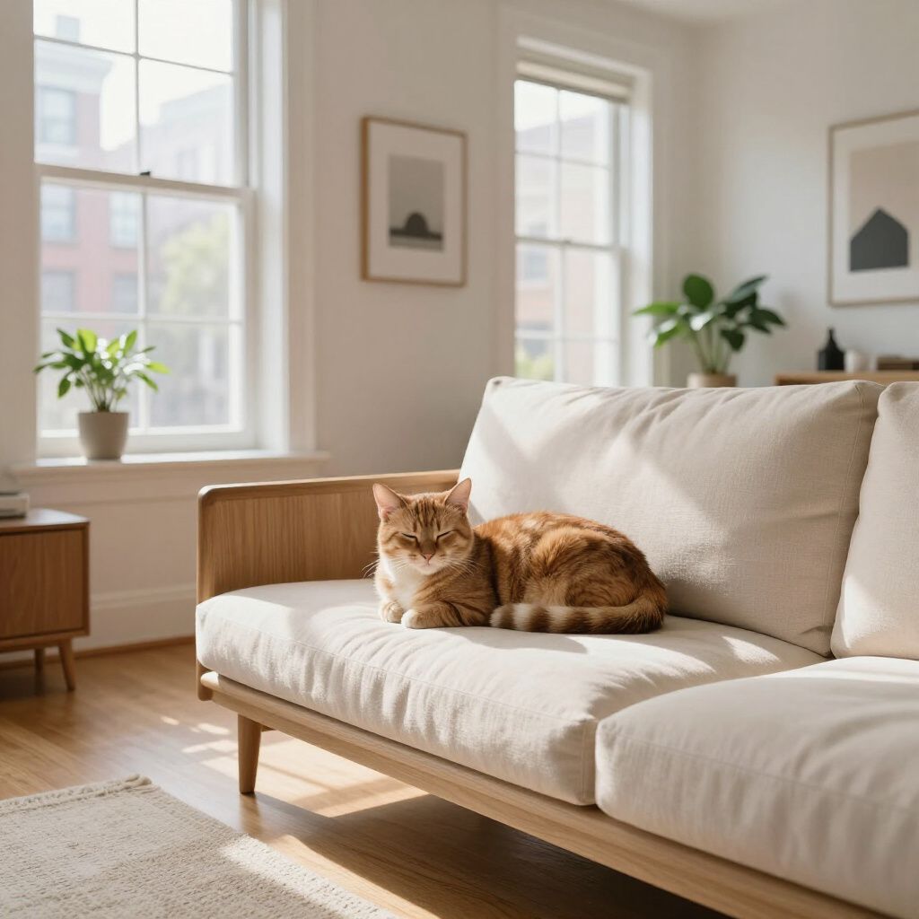 Orange tabby cat resting on a beige sofa in a sunlit living room.