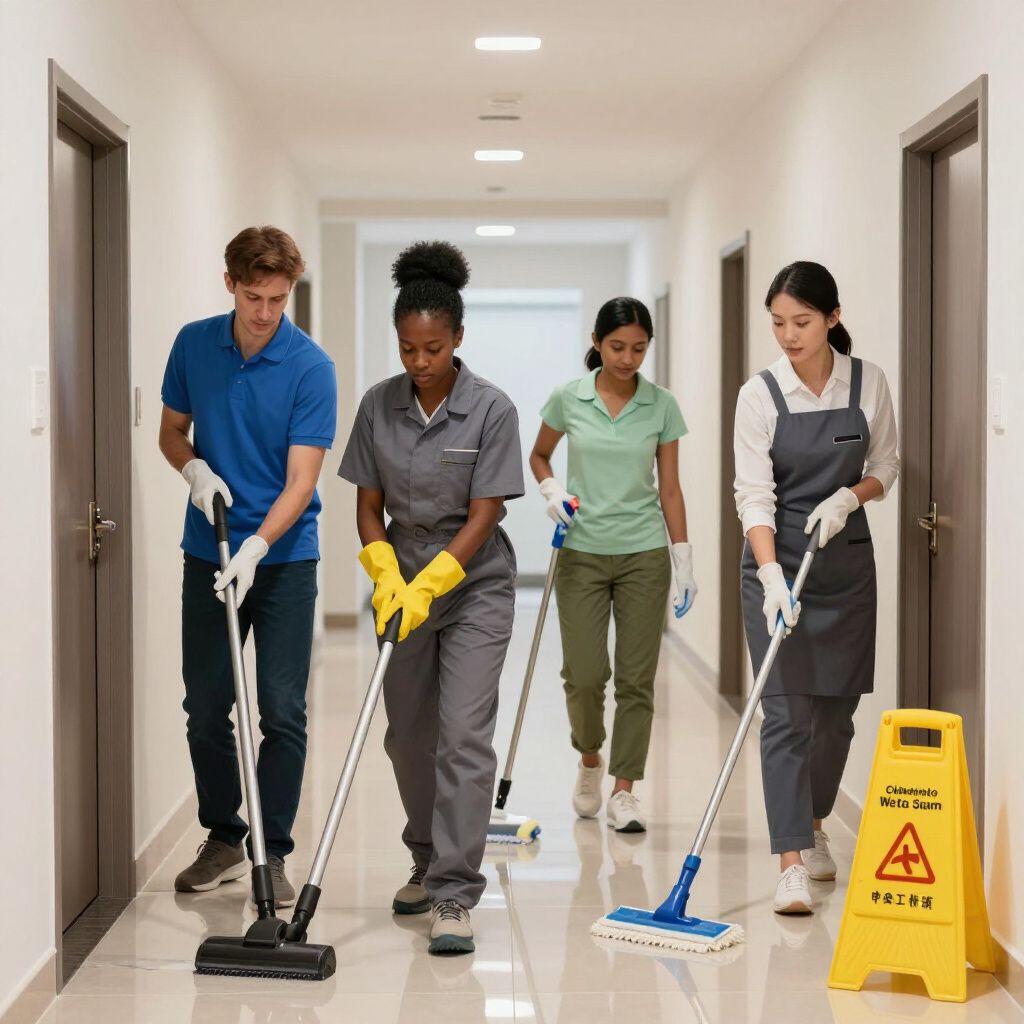 Four people cleaning a hallway: one using a vacuum, two sweeping, one mopping, and a caution sign.
