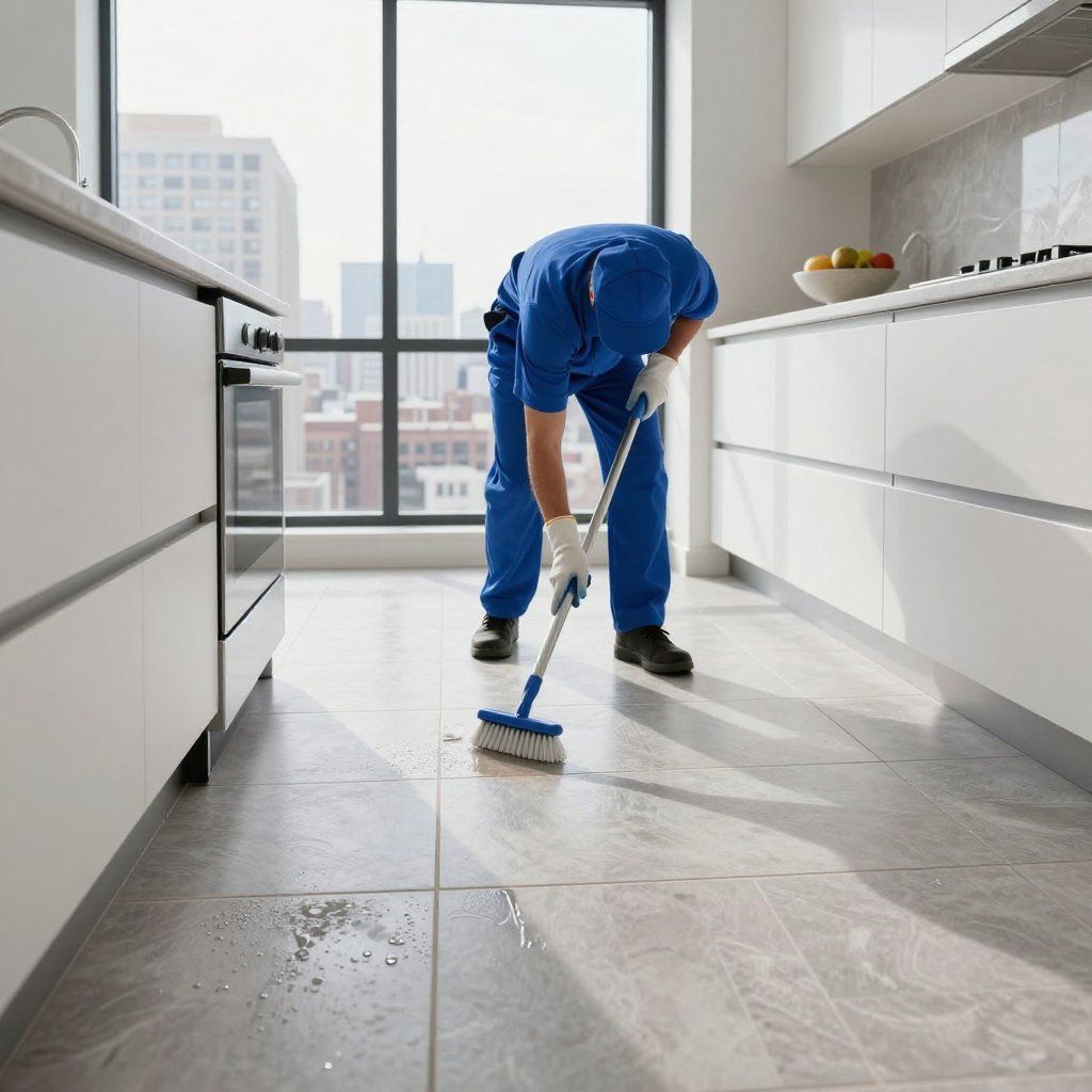 Person in blue scrubs cleaning a tile floor in a modern kitchen with a window and city view.
