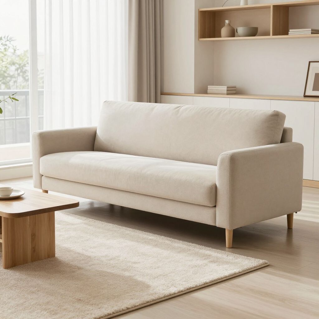 Beige sofa in a bright living room, with wooden accents and a rug.