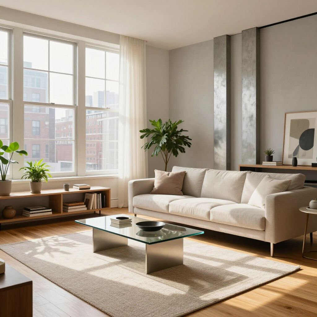 Living room with beige couch, large windows, and wooden floor. A coffee table sits on a rug.