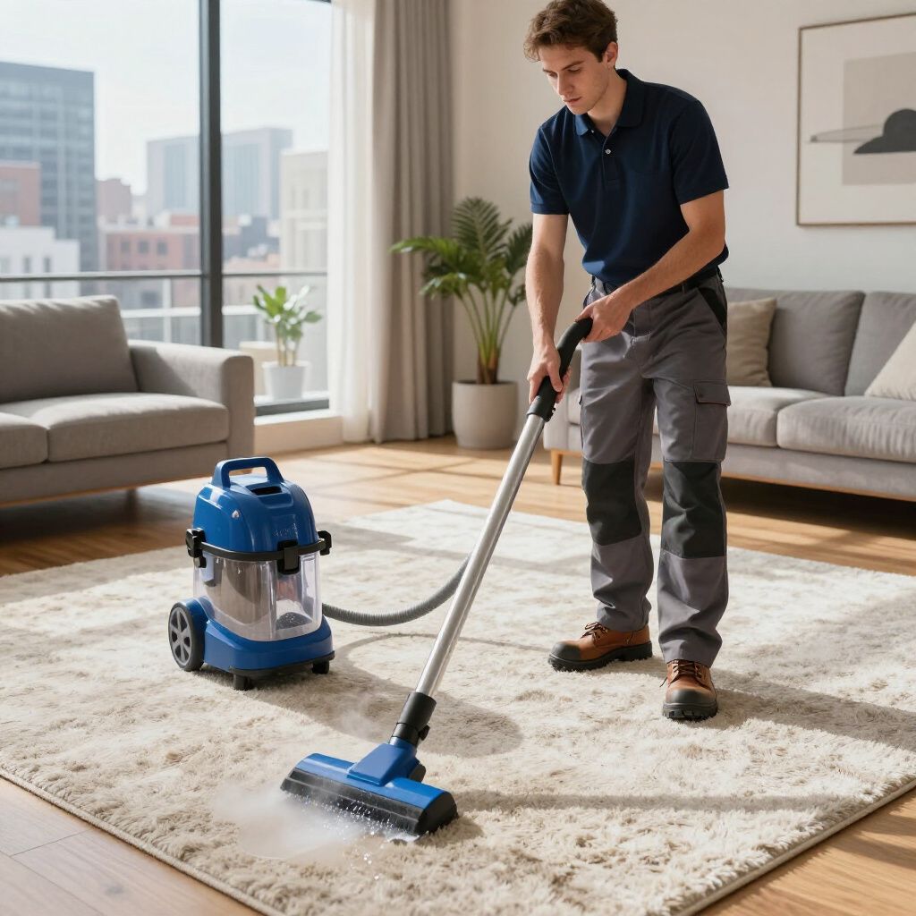 Man using a blue carpet cleaner on a rug in a living room.