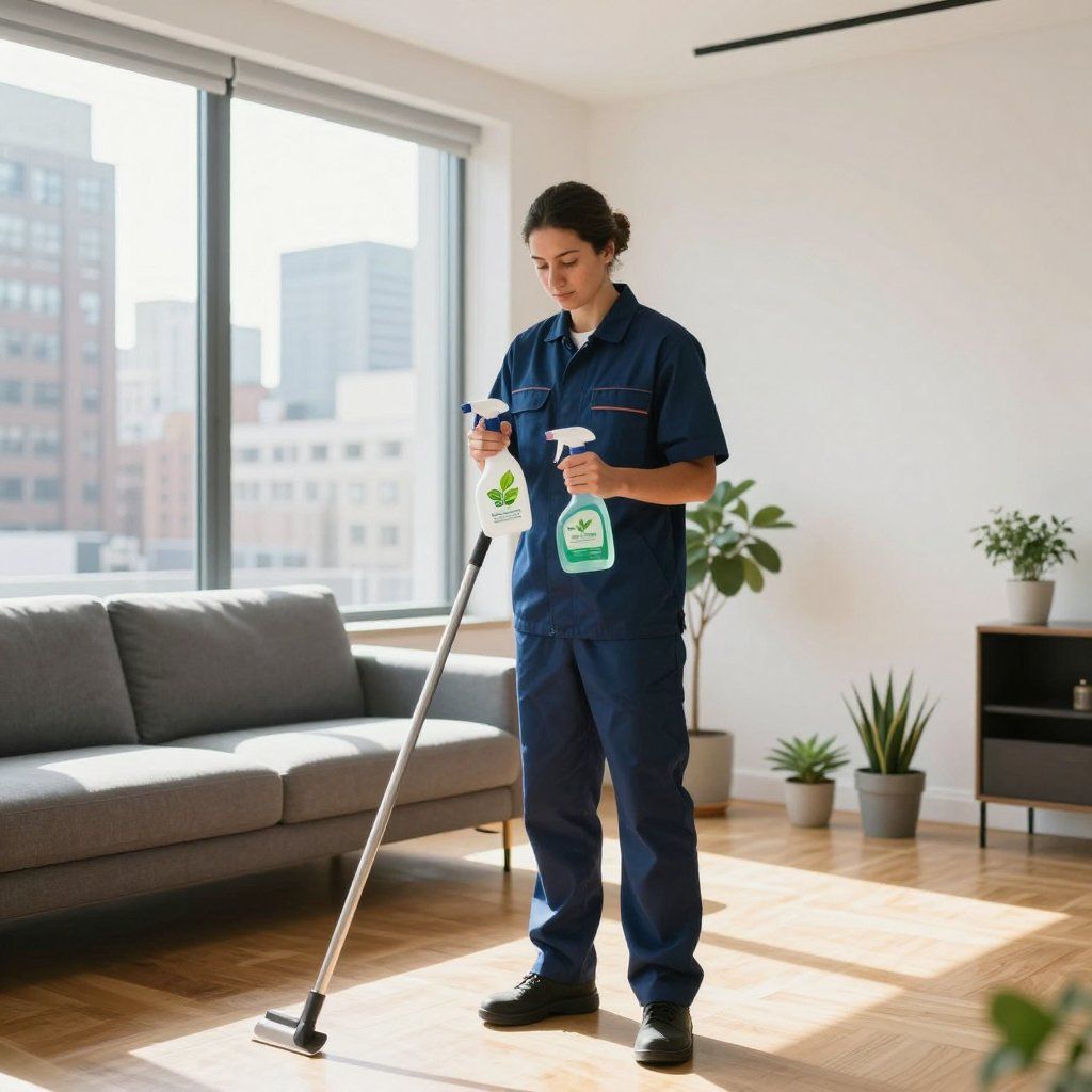 Person in blue jumpsuit cleaning a room, holding spray bottles, with a vacuum, near a window and plants.