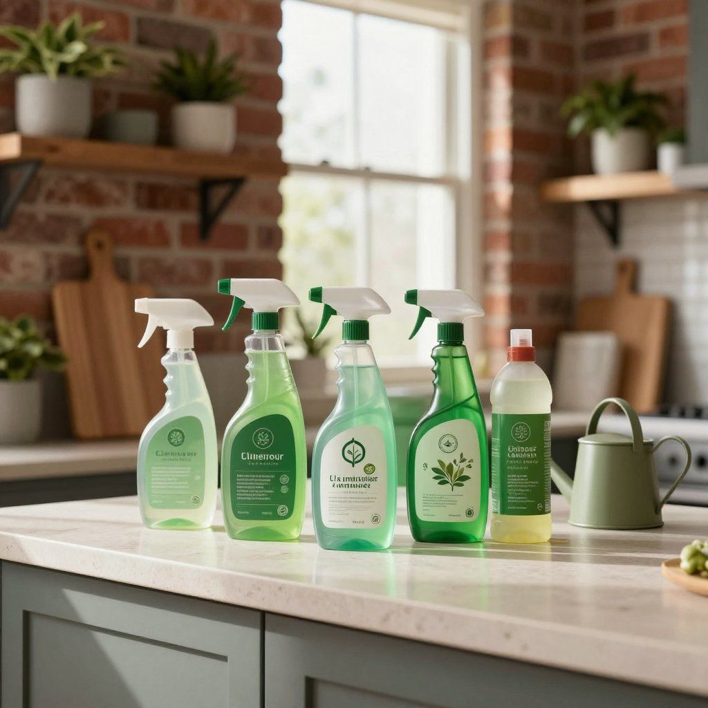 Cleaning products in green bottles on a kitchen counter with plants and a window.