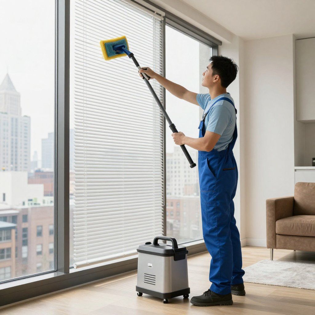 A person cleaning a large window with an extended mop. There is a cleaning machine on the floor. City backdrop.