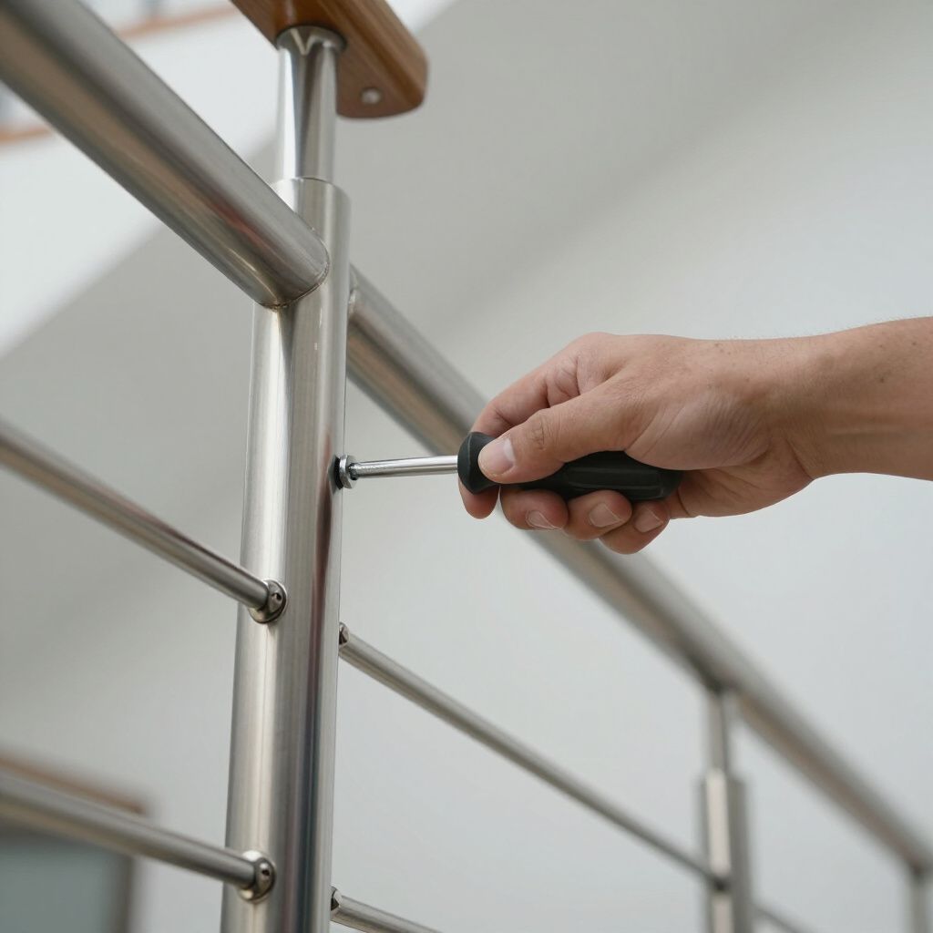 Hand using screwdriver to tighten screw on stainless steel railing.