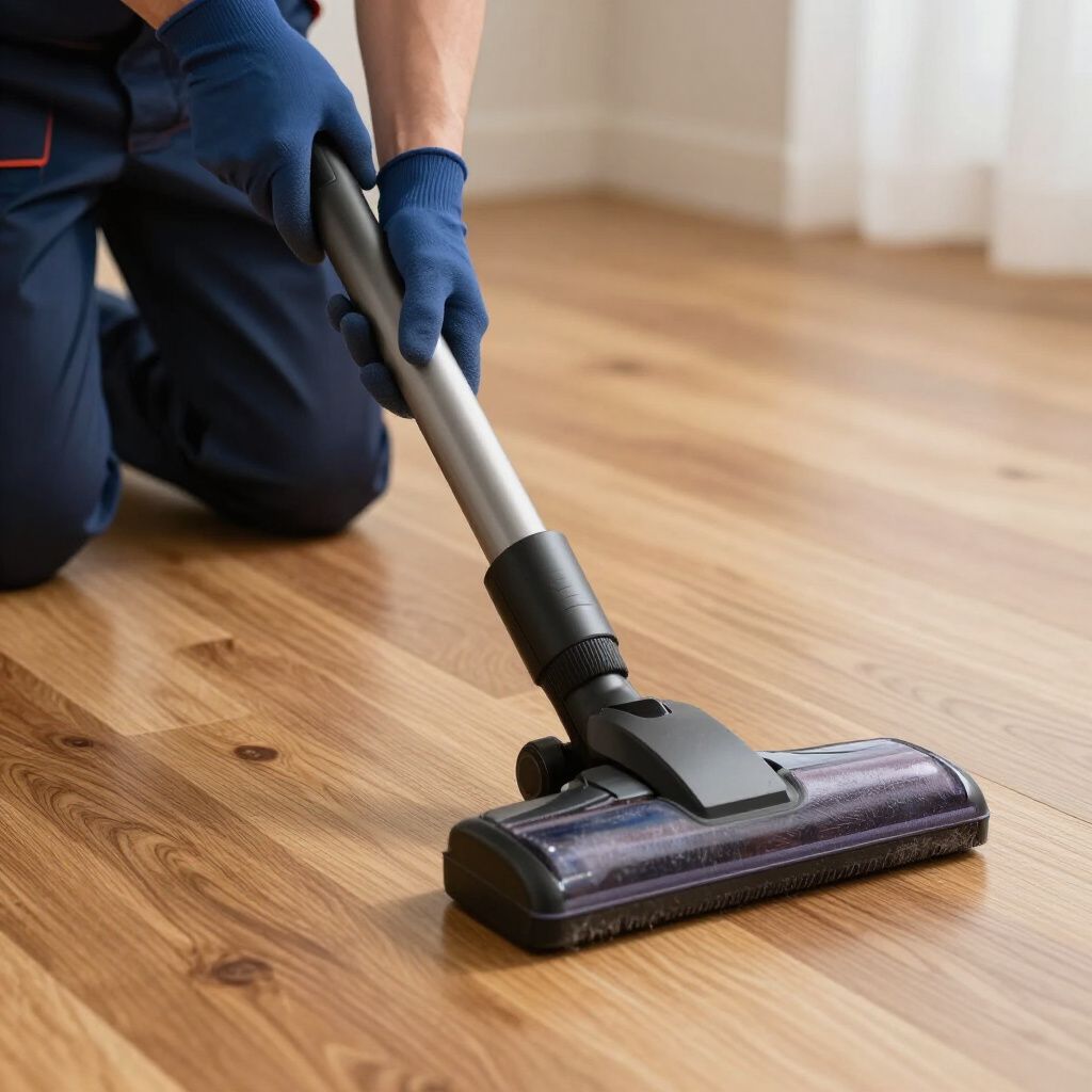 Person vacuuming a hardwood floor with a silver vacuum cleaner.