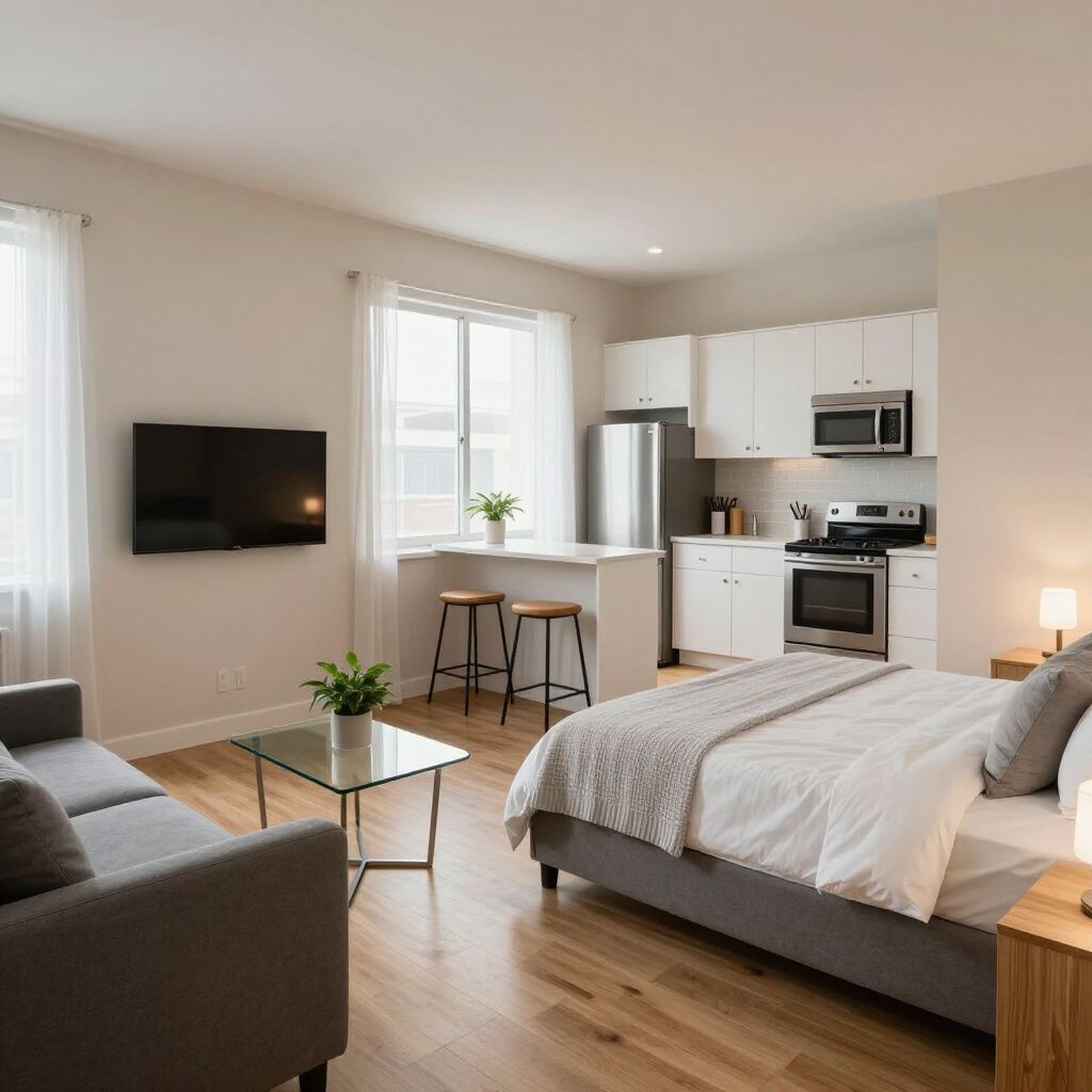 Studio apartment with bed, sofa, kitchen, and TV. Bright, neutral colors.
