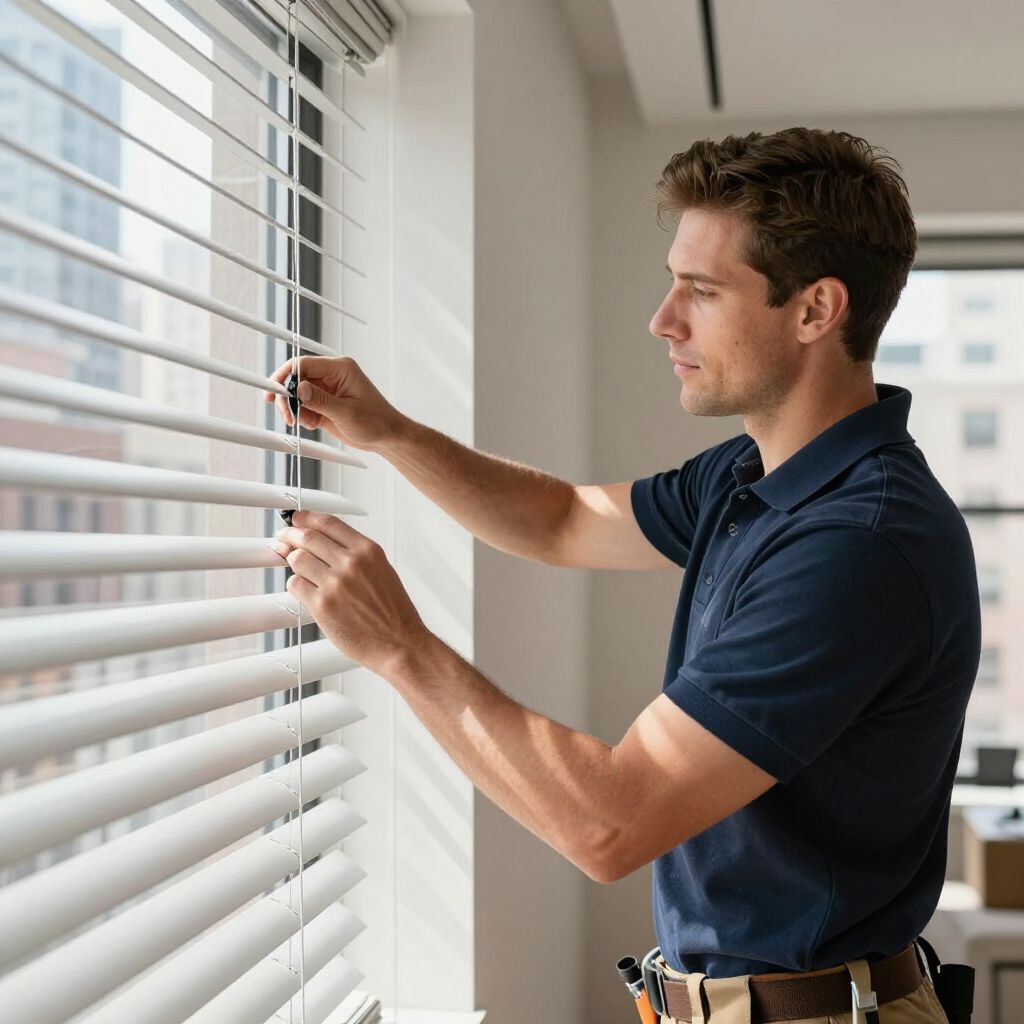Man adjusting white blinds in an office, with cityscape visible through the window.