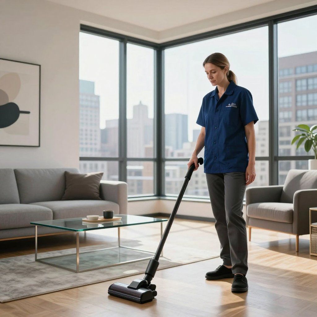 Woman vacuuming a modern living room with city view, wearing blue uniform.