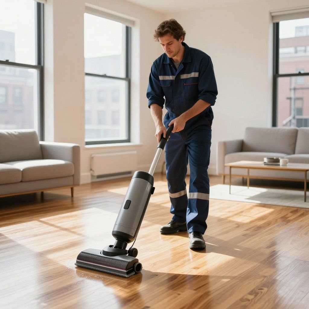 Man cleaning wooden floor with a vacuum in a living room.