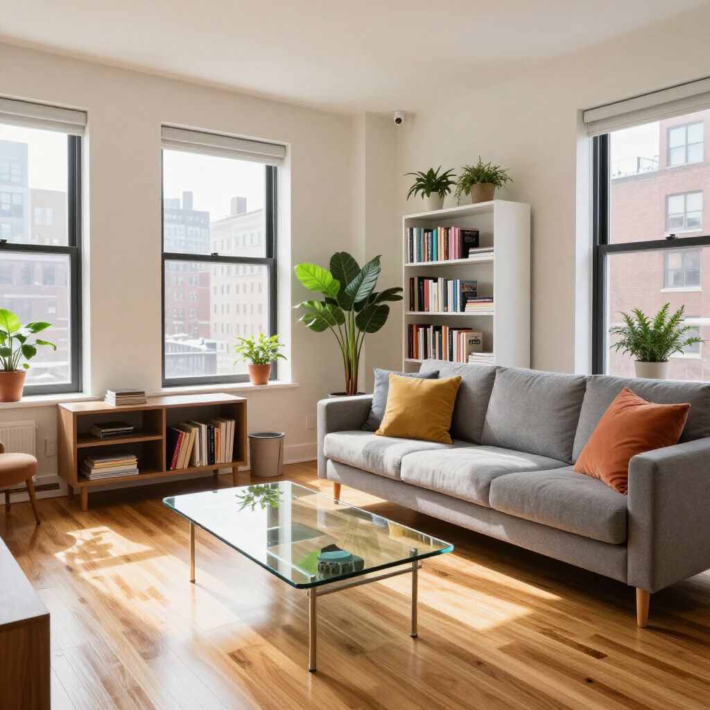 Cozy living room with gray sofa, glass coffee table, and plants near windows overlooking cityscape.