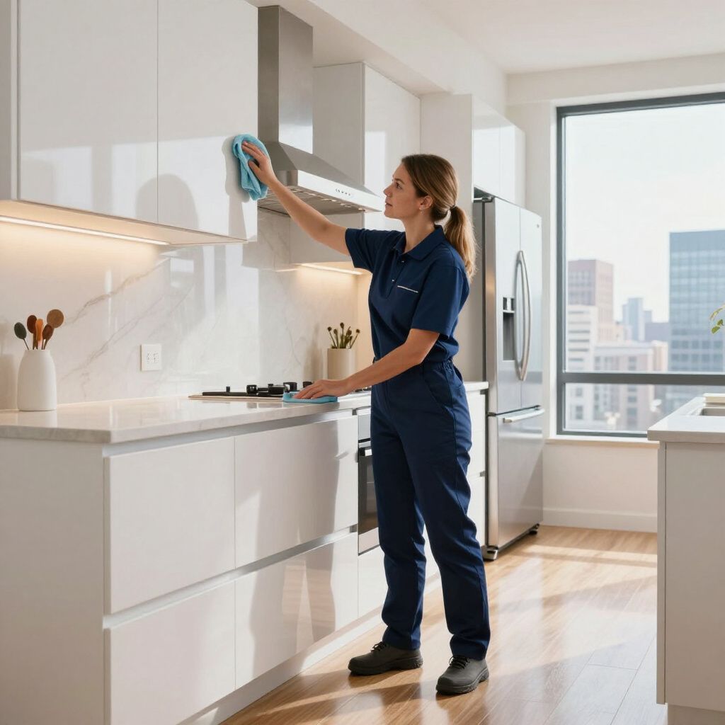 Woman in blue uniform cleaning a white kitchen cabinet with a blue cloth. Bright, modern kitchen.