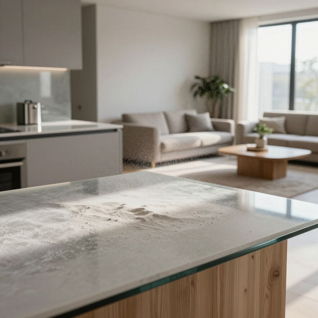 Modern kitchen with island, living area, and natural light. Gray and wooden tones dominate.