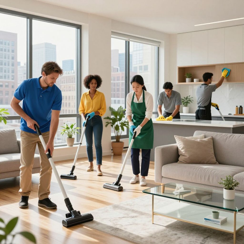 People cleaning a modern apartment with vacuums, smiling, bright.