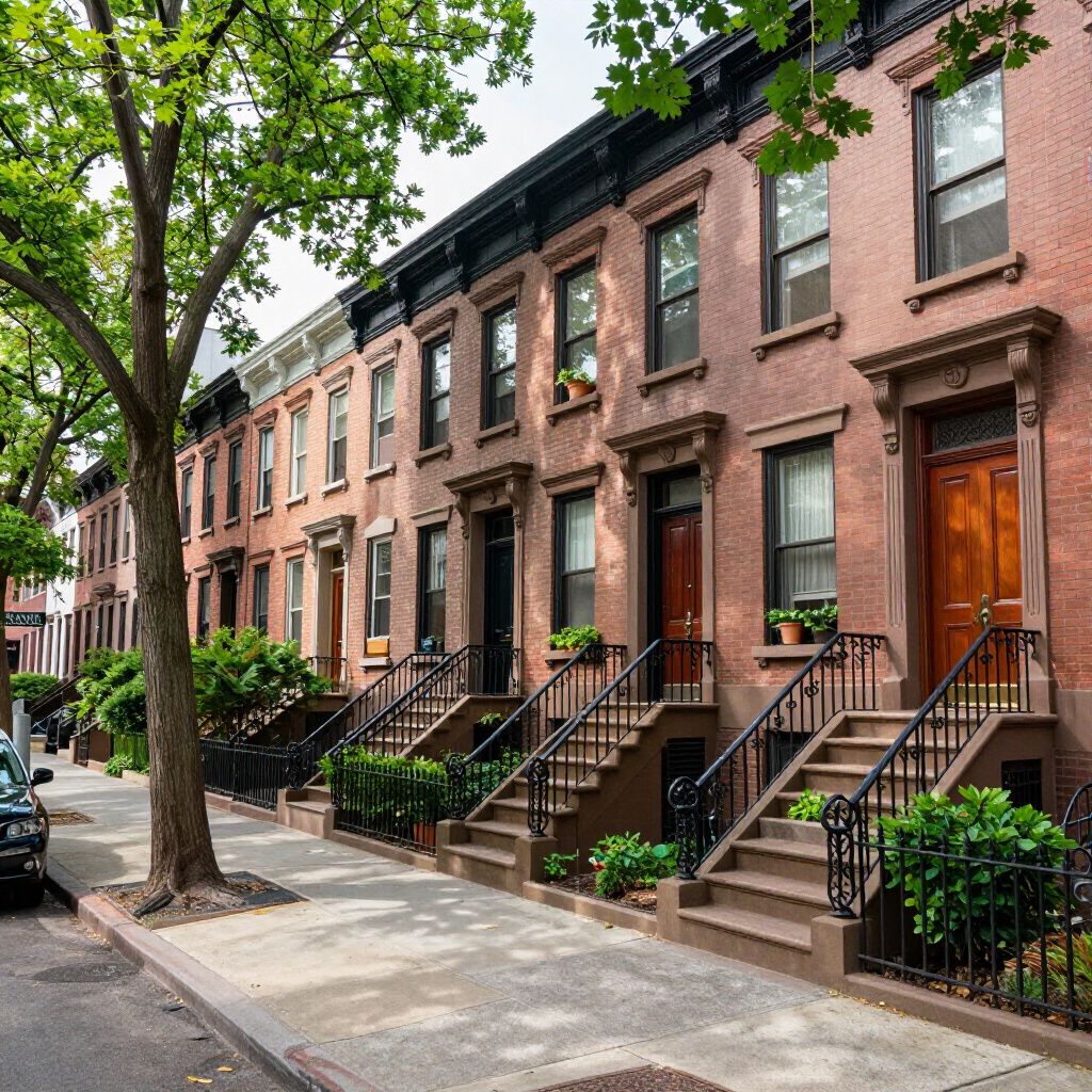 Row of brick townhouses with stoops and black railings along a sidewalk.